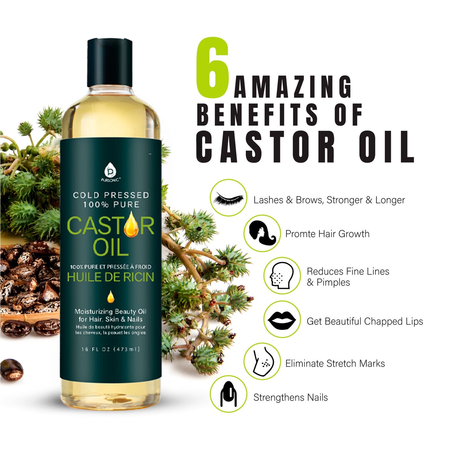Pure Cold Pressed Castor Oil 16 Oz -100%