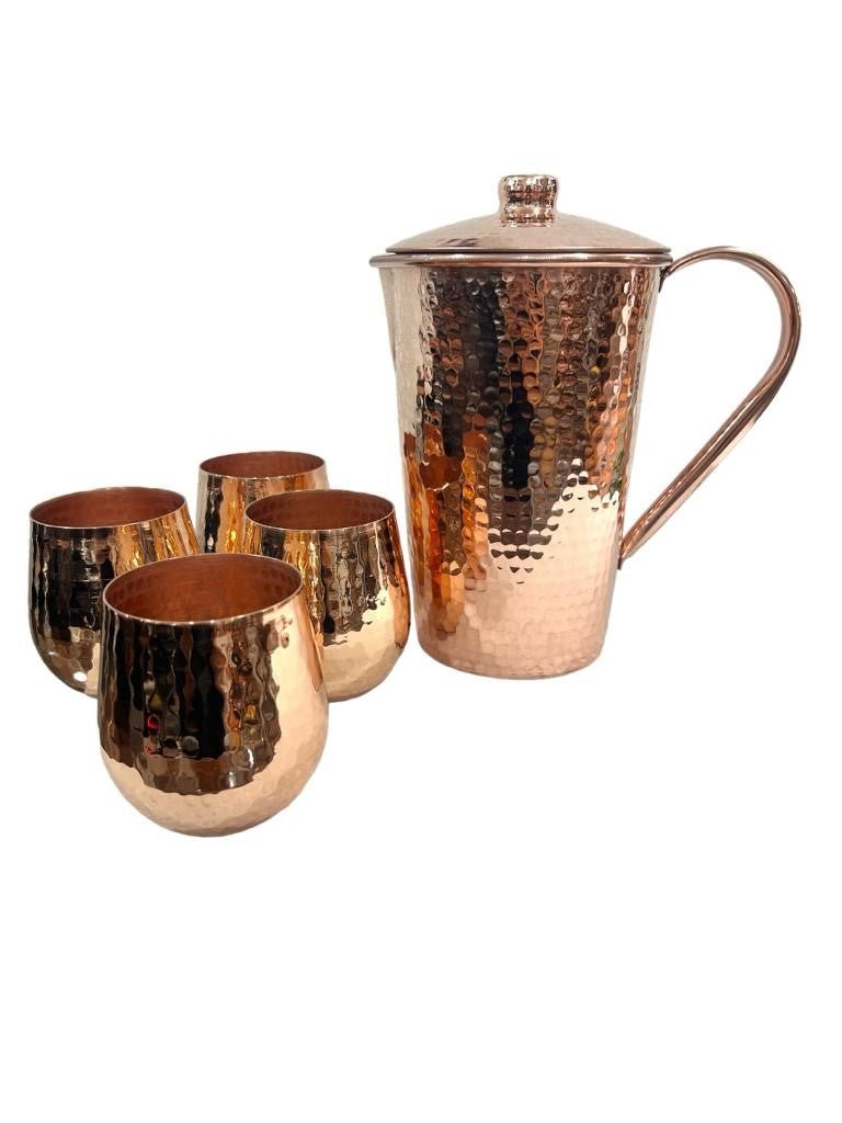 Set of One Copper Pitcher with Top and Four Tumblers, Hammered and Shiny Finish - Marilyn's Marketplace