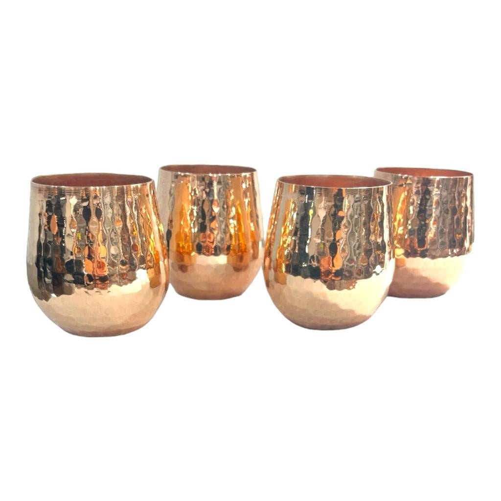 Set of One Copper Pitcher with Top and Four Tumblers, Hammered and Shiny Finish - Marilyn's Marketplace