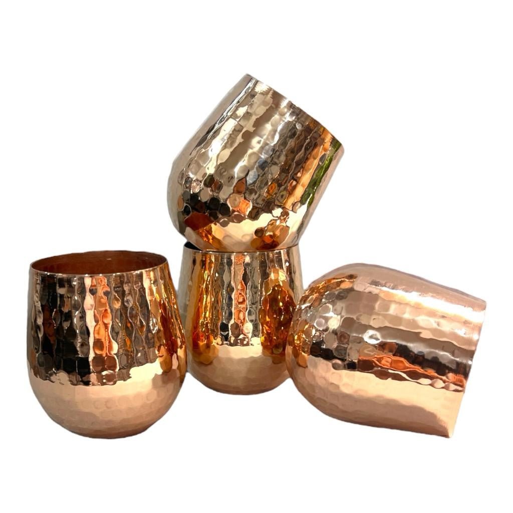 Set of One Copper Pitcher with Top and Four Tumblers, Hammered and Shiny Finish - Marilyn's Marketplace