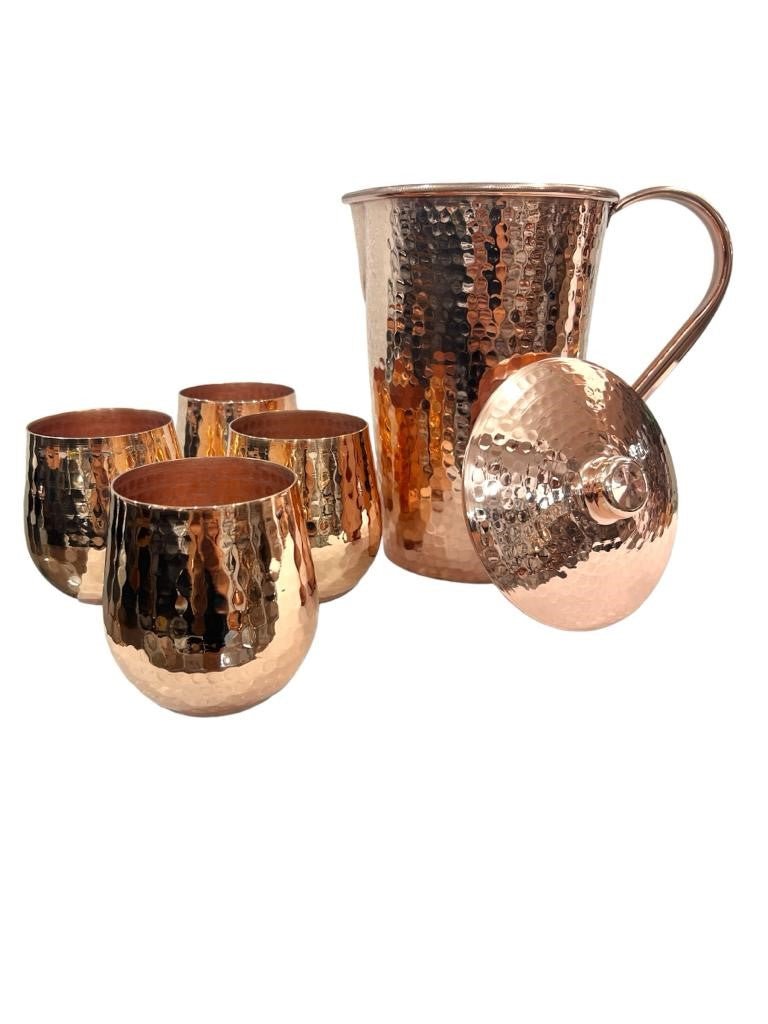 Set of One Copper Pitcher with Top and Four Tumblers, Hammered and Shiny Finish - Marilyn's Marketplace
