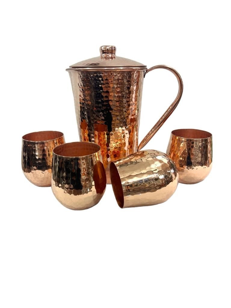 Set of One Copper Pitcher with Top and Four Tumblers, Hammered and Shiny Finish - Marilyn's Marketplace