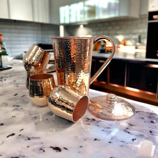 Set of One Copper Pitcher with Top and Four Tumblers, Hammered and Shiny Finish - Marilyn's Marketplace