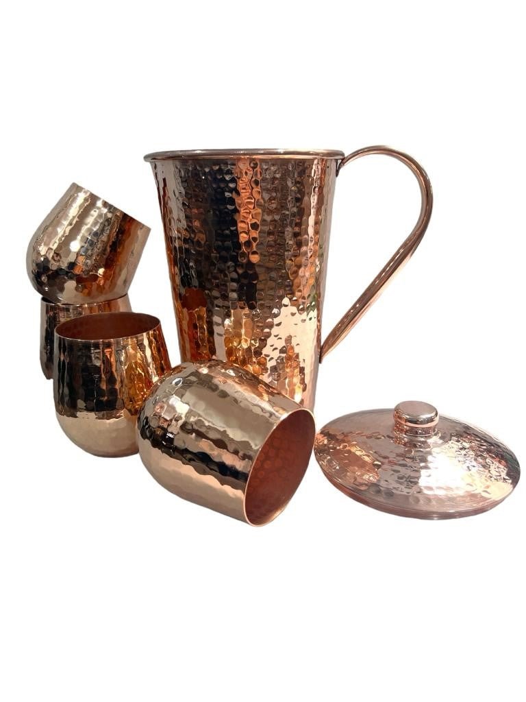 Set of One Copper Pitcher with Top and Four Tumblers, Hammered and Shiny Finish - Marilyn's Marketplace