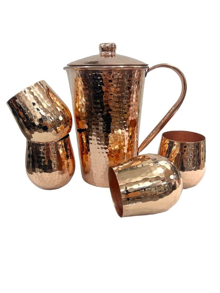 Set of One Copper Pitcher with Top and Four Tumblers, Hammered and Shiny Finish - Marilyn's Marketplace