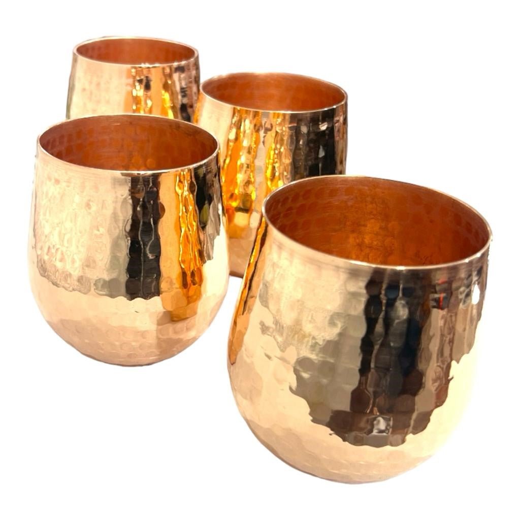 Set of One Copper Pitcher with Top and Four Tumblers, Hammered and Shiny Finish - Marilyn's Marketplace