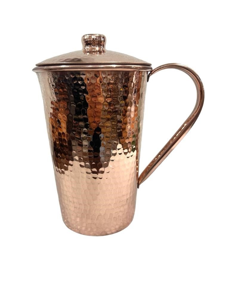 Set of One Copper Pitcher with Top and Four Tumblers, Hammered and Shiny Finish - Marilyn's Marketplace