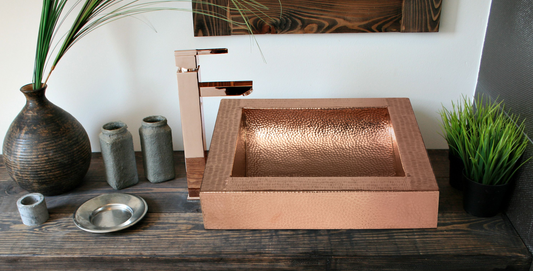 Square Apron Curved Bottom Hammered Copper Bathroom Sink - 17in"